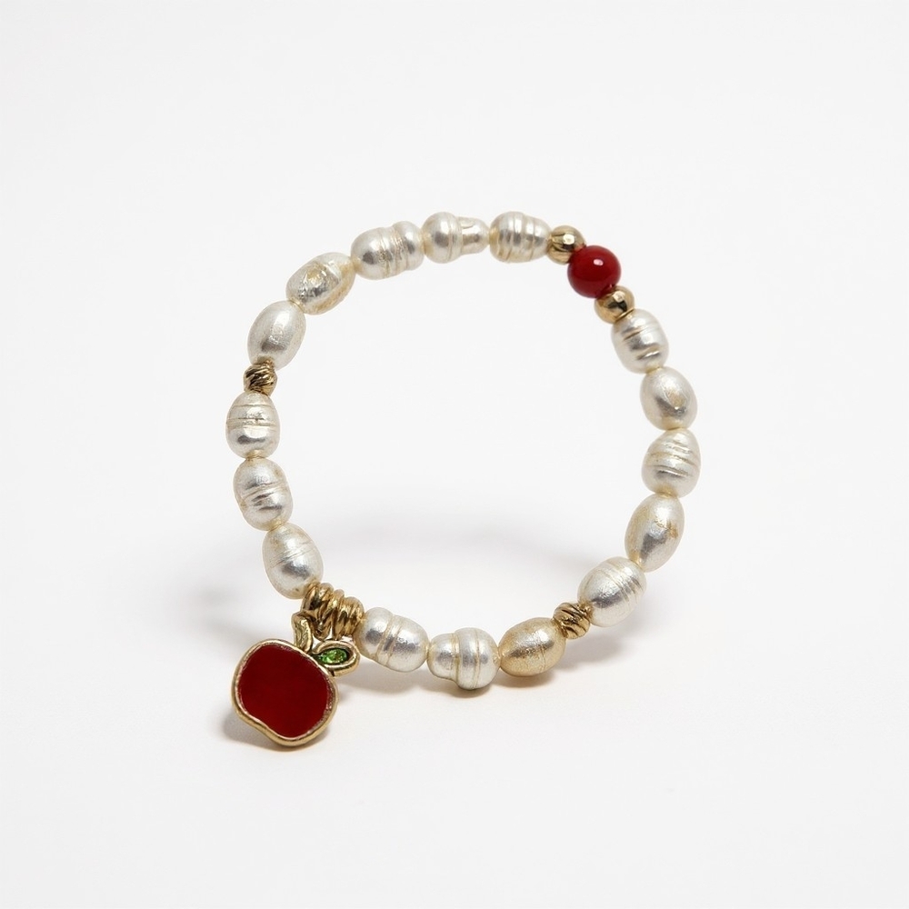 Elegant Freshwater Pearl and Red Apple Charm Bracelet